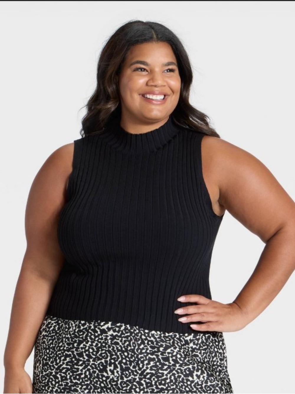 Edgy Corporate Chic Minimalist Black Ribbed Sleeveless Turtleneck XXL Basic Top